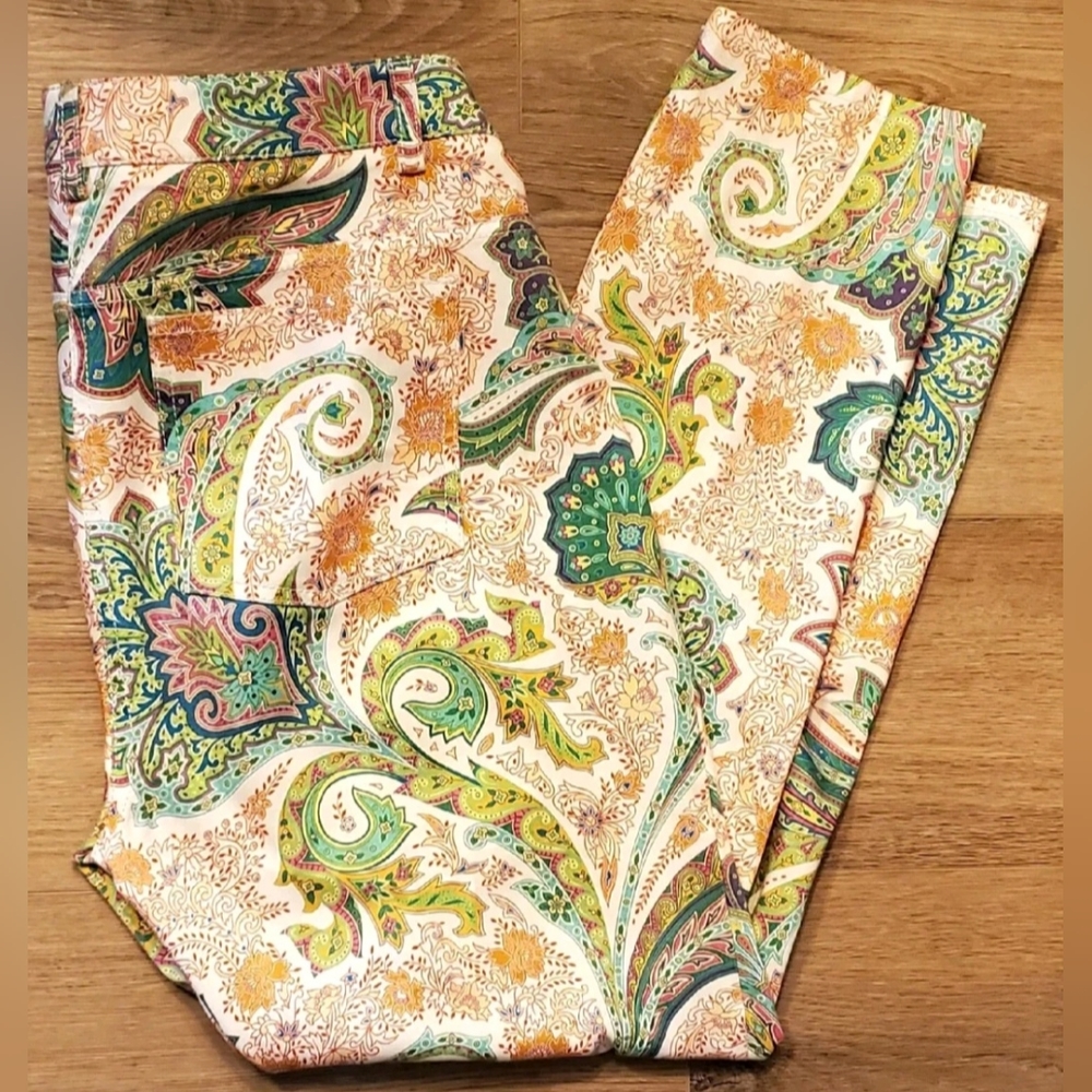 WORTH Jeans Paisley Pants White/Aqua/Grn/Pnk/Cper Stretch Cott/Elas WOM SZ 4 USA